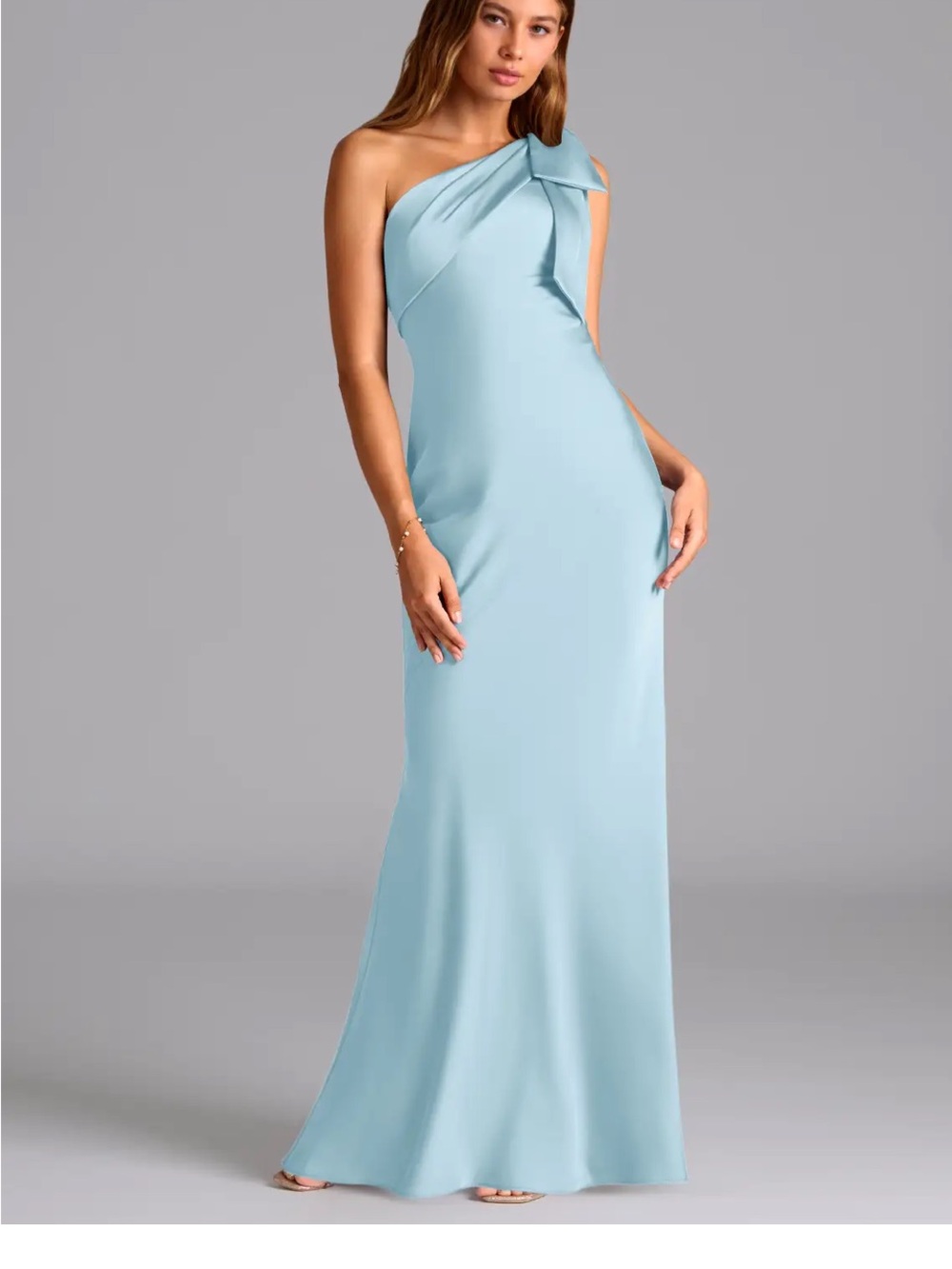 Azazie One-Shoulder Evening Gown in Light Blue with Shoulder Bow - Picture 2 of 9